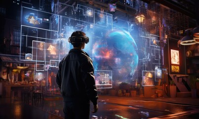 using VR glasses can see a digital building and it's correspond data. Tha background has neon lights and eletronic circuits