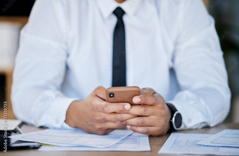 Aufkleber phone, search and hands of business man in office for networking, documents and financial advisor. t