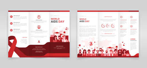 World AIDS day trifold brochure, pamphlet or triptych leaflet template for raising awareness of HIV AIDS transmission, importance of early detection or diagnosis, prevention and treatments - obrazy, fototapety, plakaty
