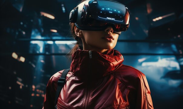 virtual reality (VR), and a cyberpunk-style video game console. Infuse the image with an emotional tone that evokes excitement wonder