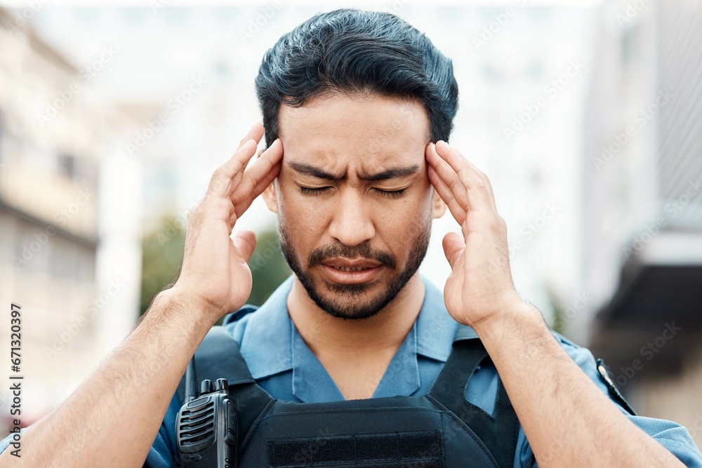 Poster Stress, crisis or policeman in city with headache, anxiety or burnout working for justice or law enforcement. Tired cop, sheriff or security guard with head pain, emergency or migraine on street road