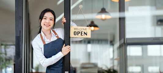 Portrait of asian tan woman barista cafe owner. SME entrepreneur seller business concept