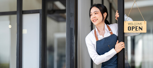 Portrait of asian tan woman barista cafe owner. SME entrepreneur seller business concept