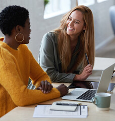 Collaboration, writer and women on laptop in creative startup company for brainstorming. Teamwork,...