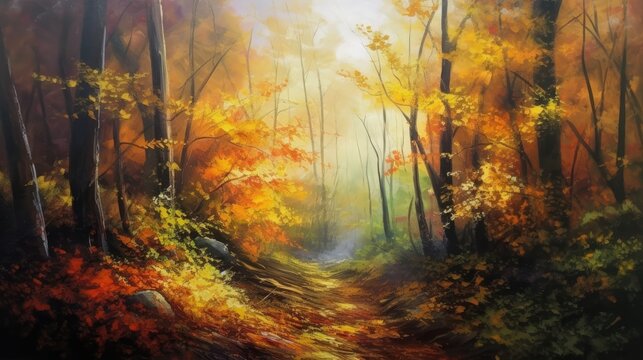 Autumn forest landscape with fog and yellowed trees