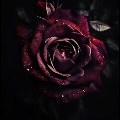 Beautiful dark red rose with water drops on petals on black background