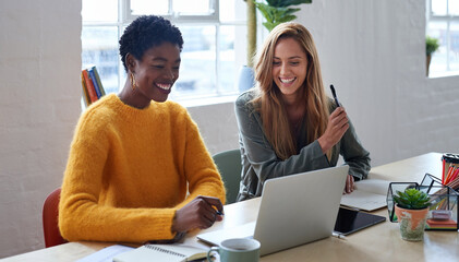 Teamwork, writer and women planning on laptop in creative startup company. Collaboration,...