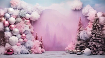 Pink, purple, blue, silver decors of unique Christmas, new year celebration background with fir trees,  balls, gifts and other decors. Great backdrop, backgrond. for kids. Generative AI