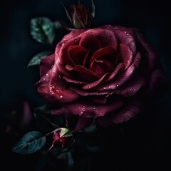 Beautiful red rose with dew drops on a dark background