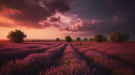 Beautiful sunset over lavender field Nature composition Vintage style