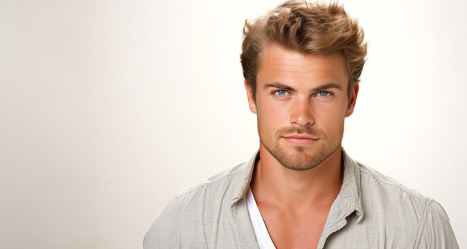 Hombre guapo Joven de 25 A&ntilde;os de pelo rubio con una leve sonrisa de mirada seductora ojos azules vestido elegantemente