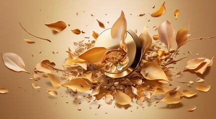 Golden leaves and nuts, cosmetic display platform background
