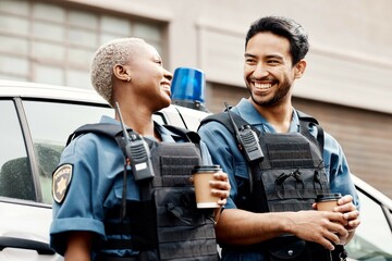 Car, coffee or police partner in city for protection, law enforcement or crime on a break together....