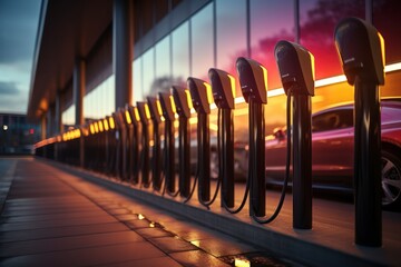 Fast charging station for electric vehicle concept, equipped with a quick charger, the power cable and plug with urban background, eco and clean energy with smart technology, zero emission, ESG.