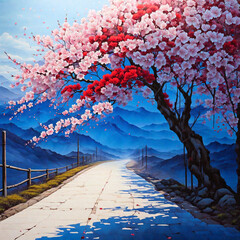 Cherry blossoms blooming on the side of the road in Japanese painting style. Lonely without people. The dominant colors are blue and red