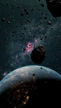 Asteroid shower hitting earth. Vertical design in 9:16 ratio. Smartphone and social media ready.