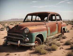 Rusty abandoned vintage car in the desert