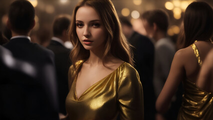 A stunning 22-year-old Caucasian woman wearing a gold dress, stands out in a blurred dark crowded luxery party.