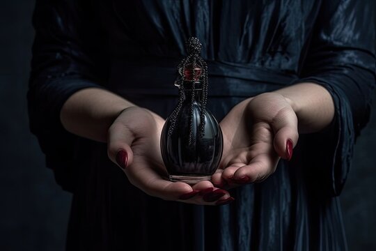 Close-Up of Female Hand Grasping a Black Glass Bottle