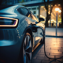 Advertising image, Close-up EV electric car plugged charging at standalone station.