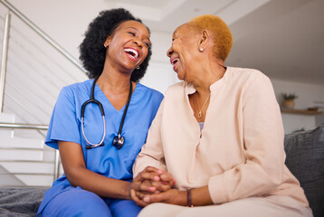 Black people, nurse and patient laughing in elderly care for funny joke, comedy or humor together...