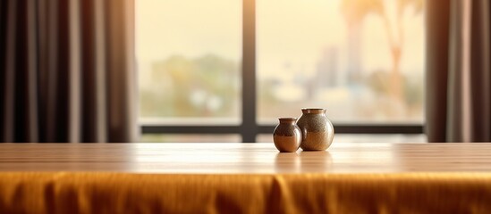 Empty wooden table in front of the window