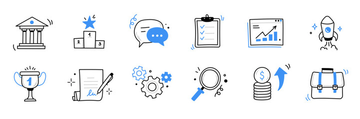 Hand drawn business, money icon set. Finance, money, marketing sketch drawn cute trendy doodle icon. Business money, finance calculator, economic elements. Vector illustration