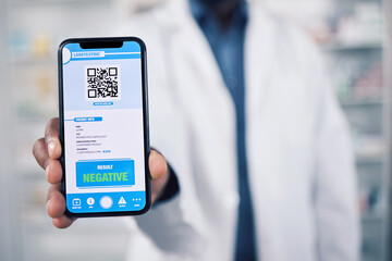 Doctor, hands and phone with QR code in healthcare results, advertising or screening at pharmacy....