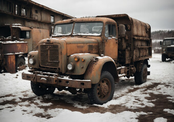 old abandoned military truck in the snow