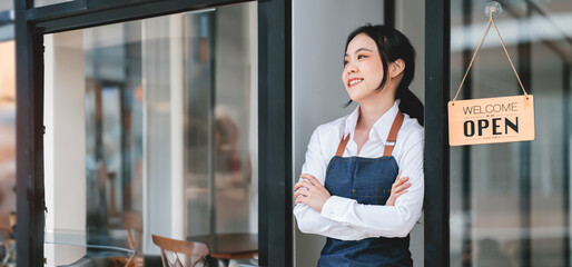 Portrait of asian tan woman barista cafe owner. SME entrepreneur seller business concept