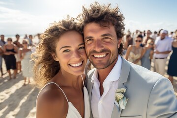 Beach Wedding Couples Getting Married Taking Selfies - obrazy, fototapety, plakaty