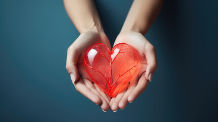 hands hold a red glowing transparent heart on a minimal background