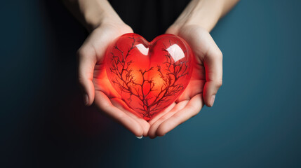 hands hold a red glowing transparent heart on a minimal background