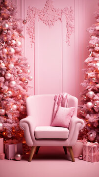 Absolutely cute, feminine Christmas and New Year wallpaper for little ladies with a pink tree, chair, decorations and gifts. Pink world. Generative AI