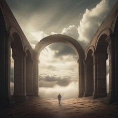Conceptual 3D illustration of a man standing in arches