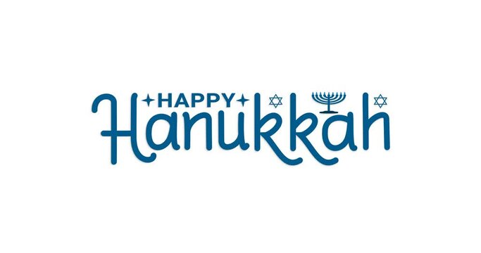 Happy Hanukkah text animation. Handwritten text Animation with David star and lit candle ornaments on the white background alpha channel. Great for Celebrations and events. Transparent background