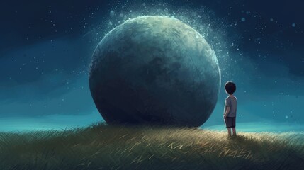 Conceptual image of a little boy standing in front of the moon