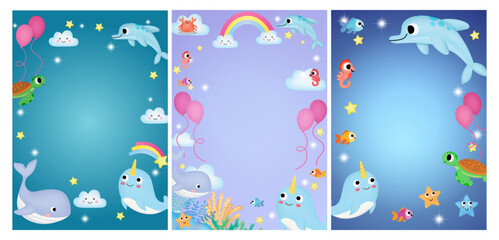 set frame under the sea theme invitation card with cute marine life cartoon character - obrazy, fototapety, plakaty