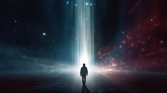 Conceptual image of a man standing in front of a light beam