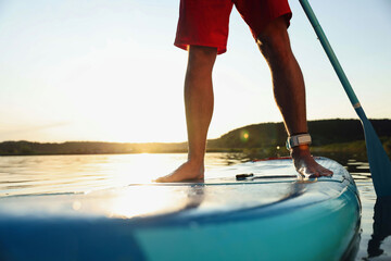 Man paddle boarding on SUP board in river at sunset, closeup - obrazy, fototapety, plakaty