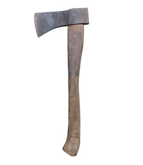 Old rust dirty dark gray axe with brown wooden handle isolated on white background with clipping...