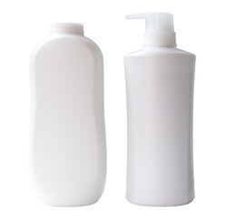 Set of two white shampoo or hair conditioner and powder bottle or container isolated on white background with clipping path in png file format