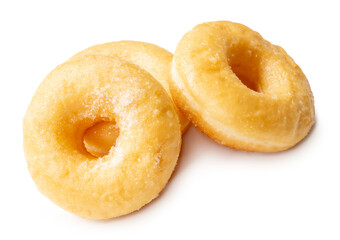 Top view of three delicious Cinnamon Sugar Mini Donuts in stack isolated on white background with clipping path and shadow in png file format