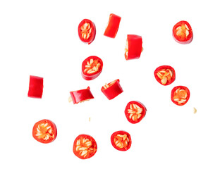 Top view of colorful red chili slices or pieces isolated on white background with clipping path in png file format