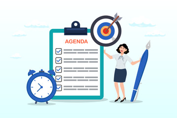 Smart businesswoman hold pen write meeting agenda with clock, meeting agenda, priority important task for discussion, objective or purpose to finish, planner or checklist for office work (Vector)
