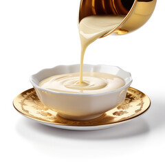 Advertising image, close-up of sweetened condensed milk being poured onto a gold plate on a white background, isolated