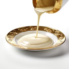 Advertising image, close-up of sweetened condensed milk being poured onto a gold plate on a white background, isolated