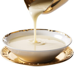 Advertising image, close-up of sweetened condensed milk being poured onto a gold plate on a white background, isolated
