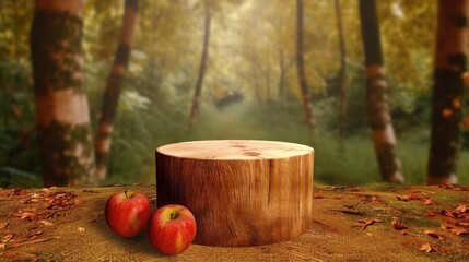 wooden pedestal contrasts with the complexity of an apple orchard in the background - obrazy, fototapety, plakaty