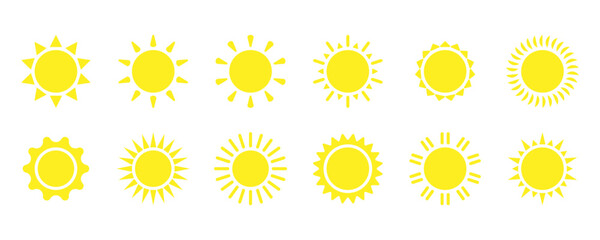 Sun icon set. Yellow sun icons collection. Summer, sunlight, nature, sky. illustration isolated. stock vector